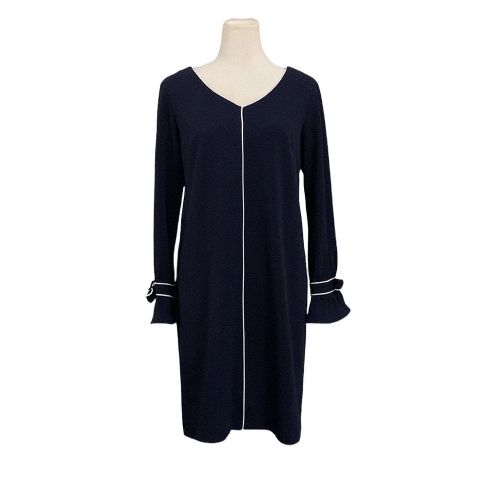Sharagano bow tie poet sleeve blue shift dress